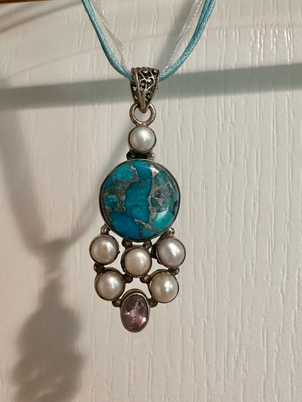 Stunning Sterling Silver Pendant with Turquoise, Pearl, and Amethyst!
